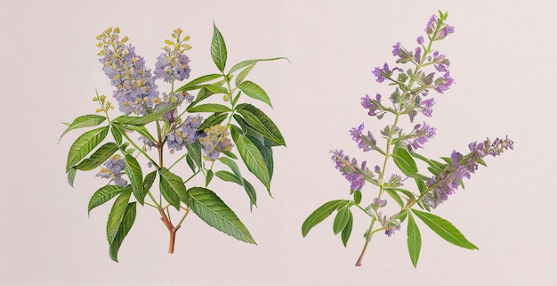 Casta Árvore (Vitex Negundo). Ilustração botânica em papel branco. As melhores plantas medicinais