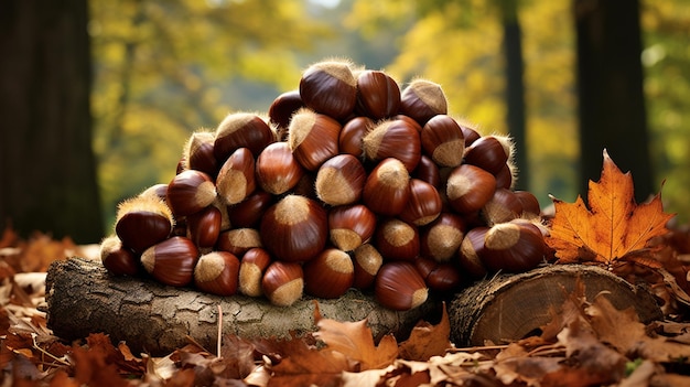 castañas y hojas de otoño en tablero de madera