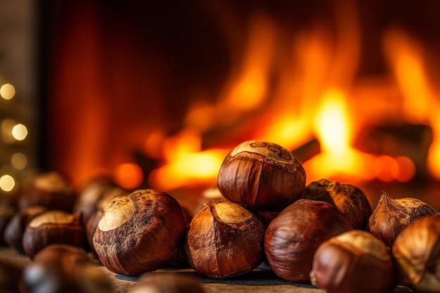 castanhas assadas brilhantes contra uma lareira aconchegante meias de Natal melhorando o clima de férias