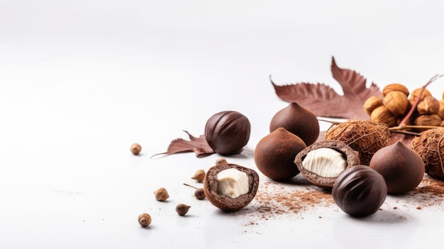 Castanhas de chocolate sortidas e trufas em um fundo branco