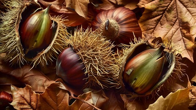 Foto castanhas frescas com casca aberta em folhas secas de outono ai generative