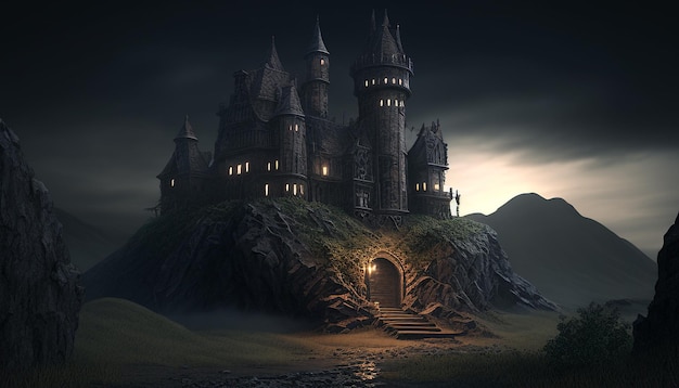 Castelo à noite com fantasia noturna assustadora