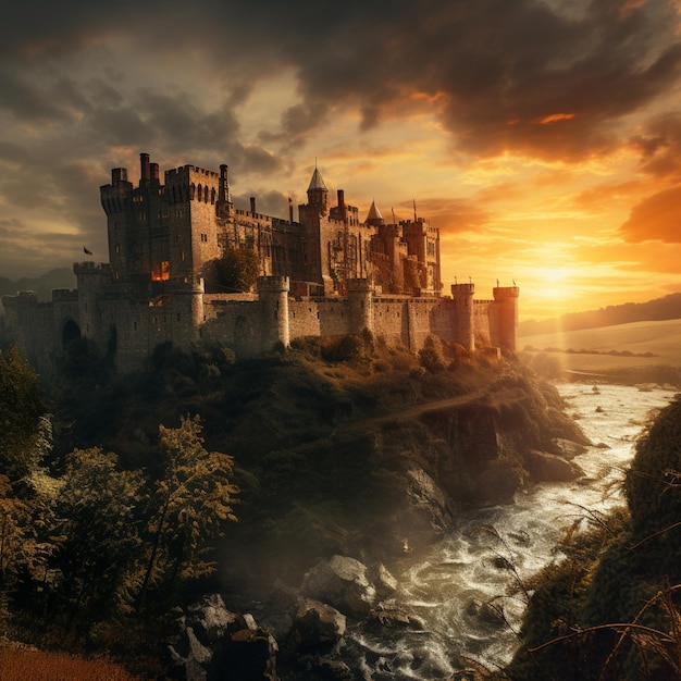 castelo arrafado em um penhasco com vista para um rio ao pôr-do-sol generativo ai