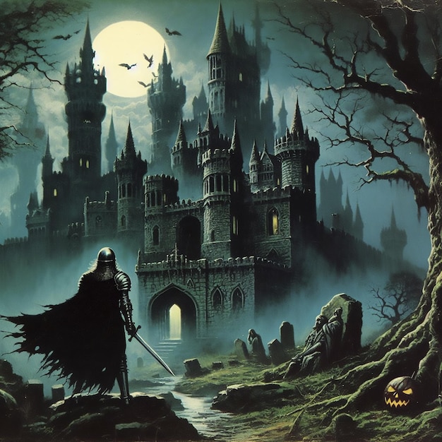 Castelo assombrado com um cavaleiro escuro em frente a ele Arte de capa de livro de fantasia escura dos anos 70