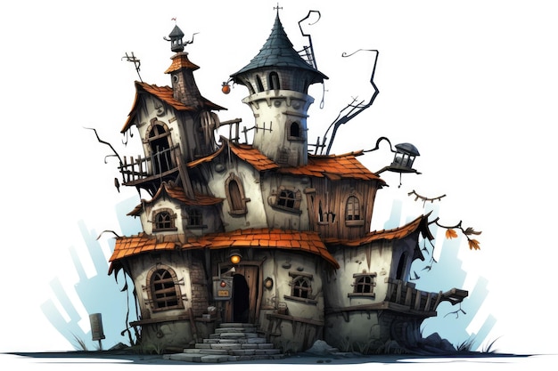 Castelo assombrado isolado em design de Halloween de fundo branco com ilustração de casa velha e assustadora em estilo cartoon