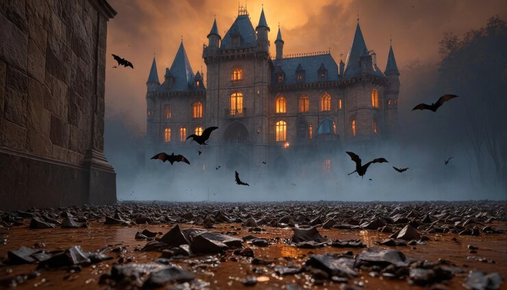 Foto castelo assustador ao anoitecer com figura misteriosa