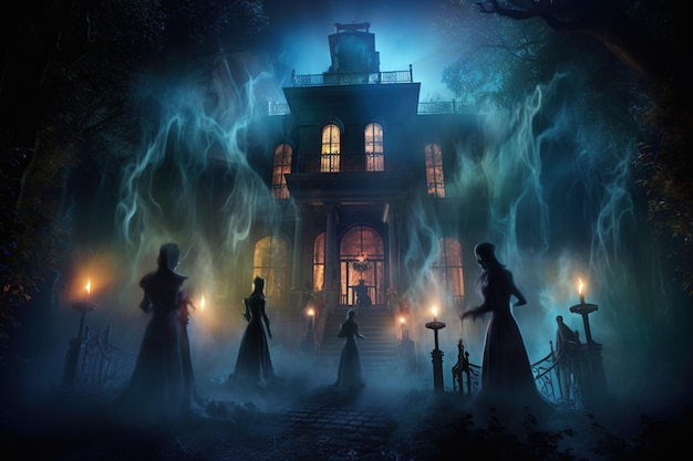 castelo assustador na noite com aparições fantasmagóricas