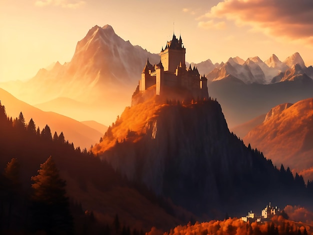 Castelo cercado por montanhas paisagem com hora de ouro atmosfera papel de parede gerado ai