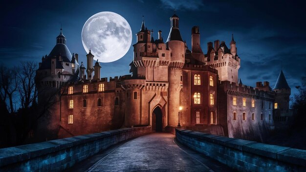 Castelo com lua cheia no céu noturno