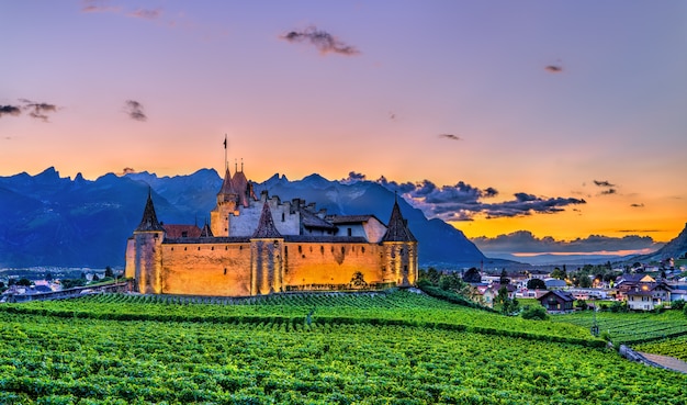 Castelo de Aigle com vinhedos ao pôr do sol na Suíça