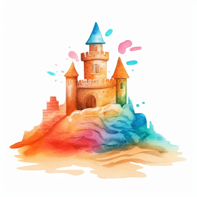 castelo de areia colorida em aquarela