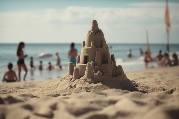 Castelo de areia com mar e pessoas ao fundo Criado usando ferramentas Al generativas