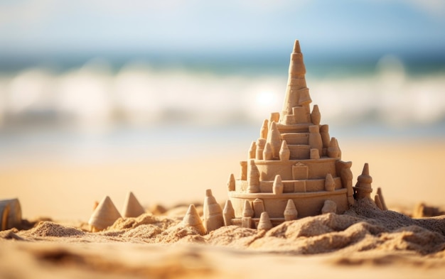 Castelo de areia com um fundo de praia suavemente borrado