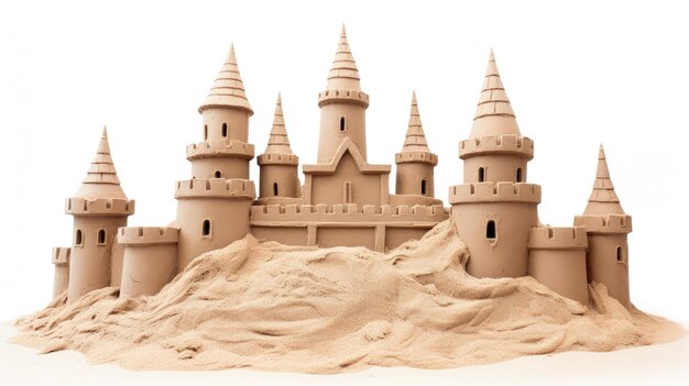 Castelo de areia de praia isolado em fundo branco