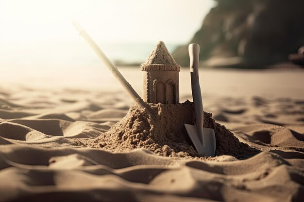 Castelo de areia de verão na praia com uma pá na areia