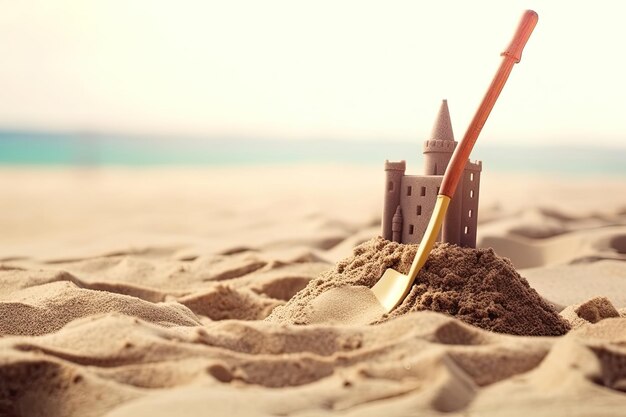 Castelo de areia de verão na praia com uma pá na areia