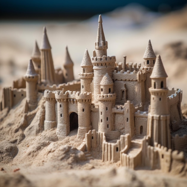 Castelo de areia detalhado em uma praia