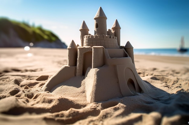 Castelo de areia em pé no conceito de férias de viagem de praia generativo ai