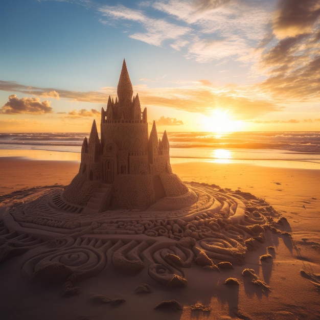 Castelo de areia em uma praia com um pôr do sol ao fundo generativo ai