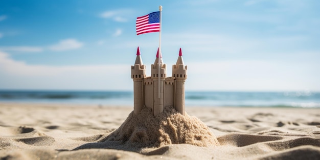 Castelo de areia na costa com a bandeira dos EUA IA geradora