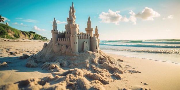 Foto castelo de areia na praia conceito de férias