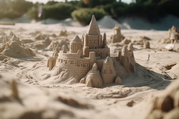 Foto castelo de areia na praia criado com ia generativa