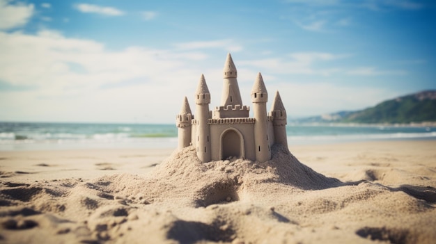 castelo de areia na praia do oceano