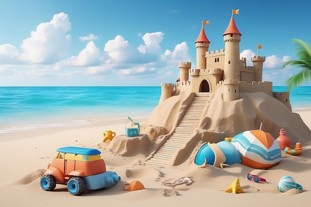 Foto castelo de areia na praia e acessórios de praia o conceito de férias com crianças no mar viagem mock up renderização 3d