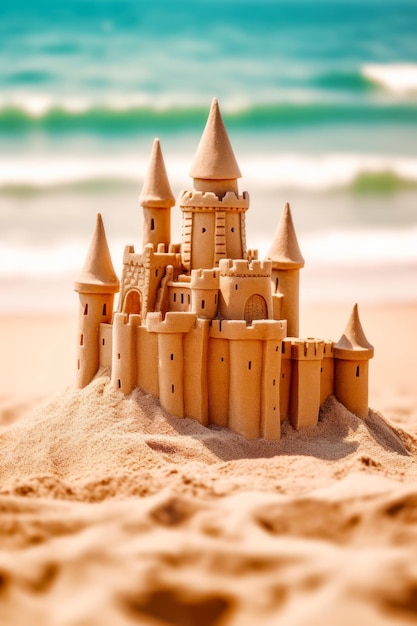 Castelo de areia sentado no topo de uma praia de areia ao lado do oceano IA geradora