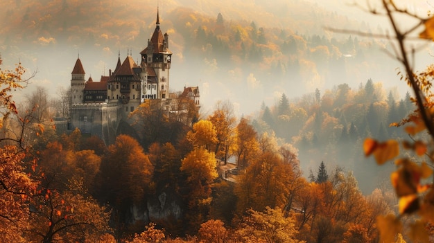 Castelo de Bran Uma atração cativante do antigo Drácula na Romênia Paisagem de outono em 169