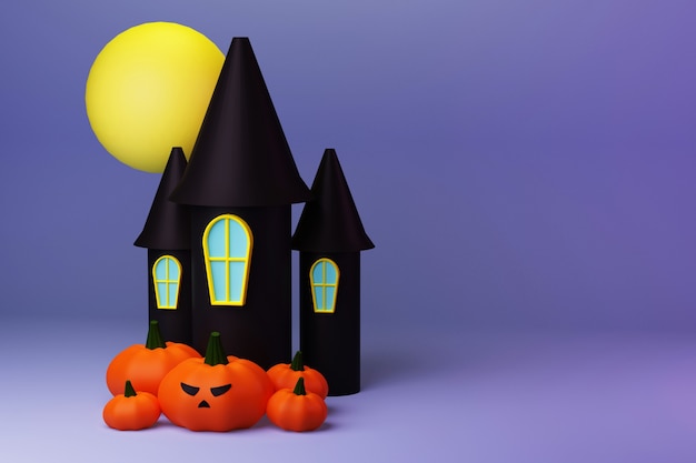 Castelo de bruxas e montanha de abóboras iluminadas pela lua conceito de halloween ilustração 3D