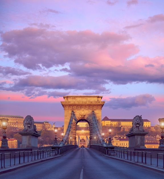 Castelo de Budapeste e famosa ponte das correntes em Budapeste em um nascer do sol