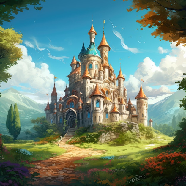 castelo de conto de fadas de fantasia de anime de desenho animado na floresta com um telhado alto e pontiagudo