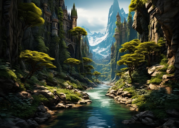 Castelo de conto de fadas localizado nas montanhas Bela natureza perto do rio estreito Generative AI