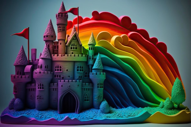 Castelo de conto de fadas no fundo do arco-íris