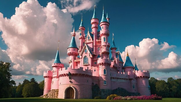 Foto castelo de conto de fadas rosa com torres sob o céu azul com nuvens