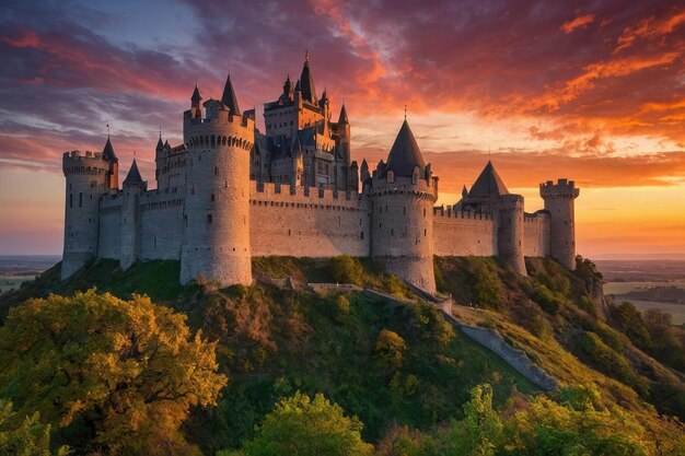 Foto castelo de contos de fadas contra o céu colorido do pôr-do-sol