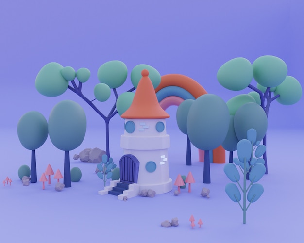 Castelo de fadas na floresta mágica com arco-íris, cogumelo e pedra. Ilustração 3D render