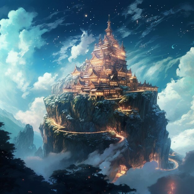 castelo de fantasia de anime no céu com uma montanha e uma escada generativa ai