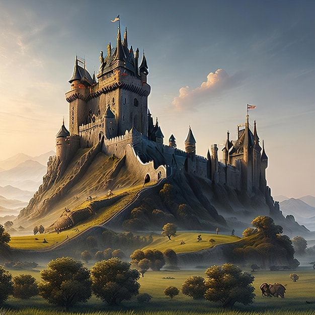 Castelo de fantasia em uma vasta paisagem