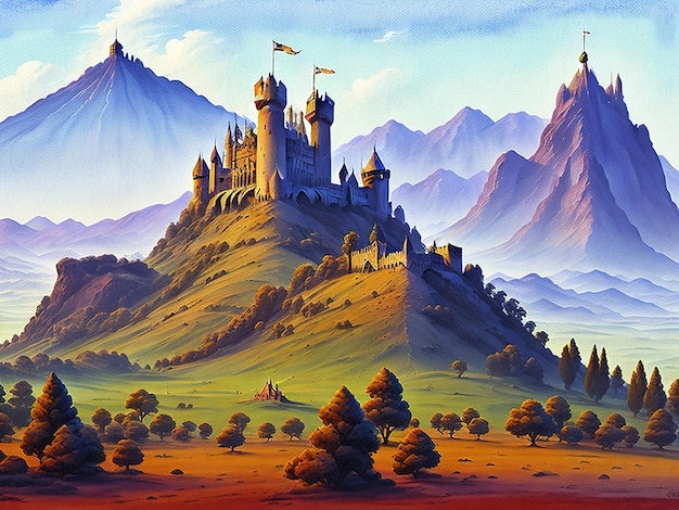 Castelo de fantasia em uma vasta paisagem