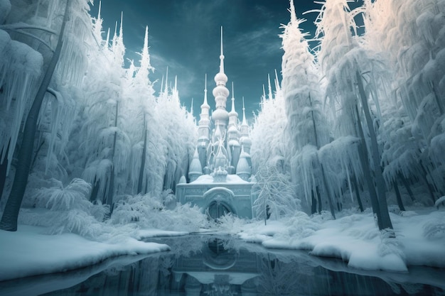 Foto castelo de gelo iluminado pela lua cercado por floresta coberta de neve criado com ai gerativa