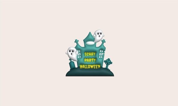 Castelo de halloween 3d com texto de halloween de festa assustadora e cemitério de sepultura de fantasma bonitinho