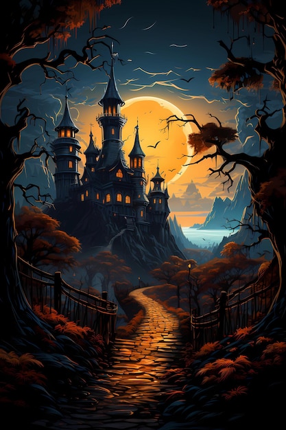 castelo de hallowen com lua cheia ao fundo