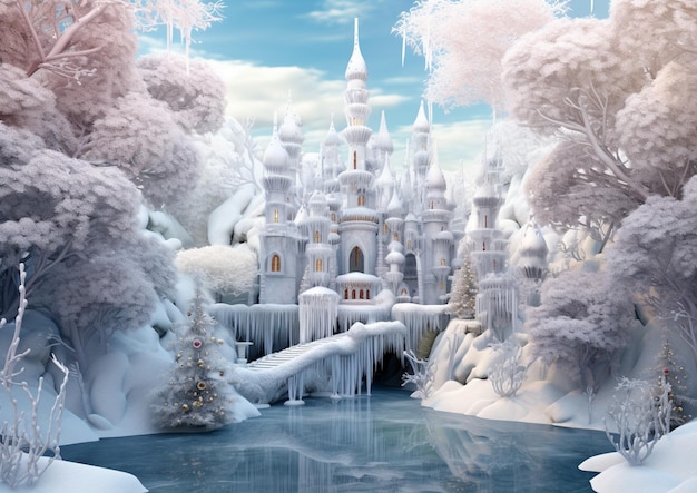 Castelo de neve com árvores congeladas e um rio congelado na frente generativa ai