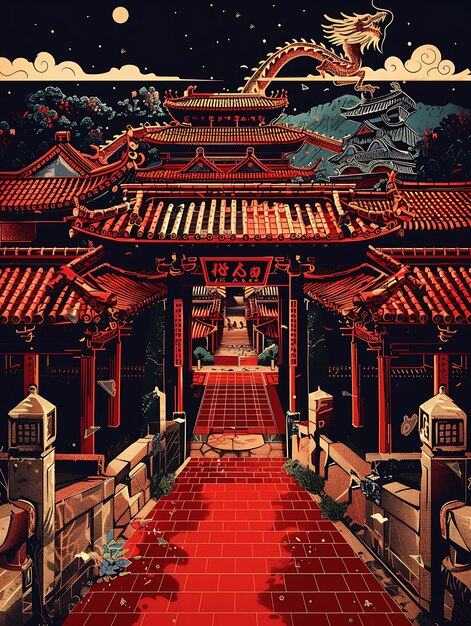 Castelo de Okinawas Shuri com cena de rua de estilo Ryukyuan Red T Collage Contraste Conceito Design Art