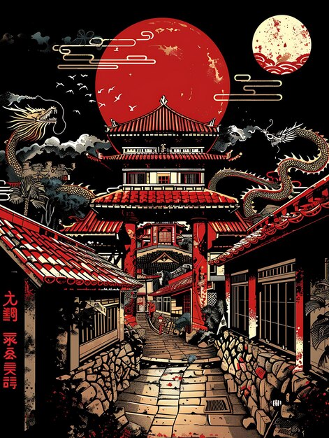 Castelo de Okinawas Shuri com cena de rua de estilo Ryukyuan Red T Collage Contraste Conceito Design Art