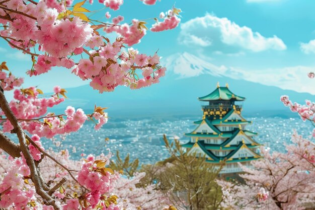 Castelo de Osaka com flores de cerejeira e o Monte Fuji, no Japão