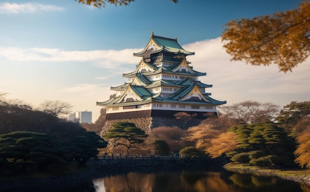 Castelo de Osaka de manhã com flor de sakura Osaka Japan Generative AI