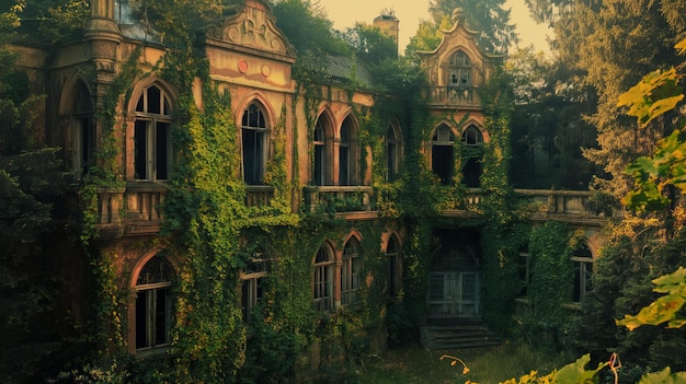 Castelo de palácio abandonado coberto de vegetação hera e videiras Edifício é capturado pela natureza e vegetação